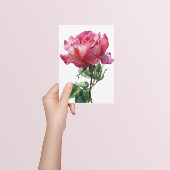 Watercolor Single Pink Rose Wall Art Print, Unframed - Delicate Floral Elegance - Picture 5 of 6